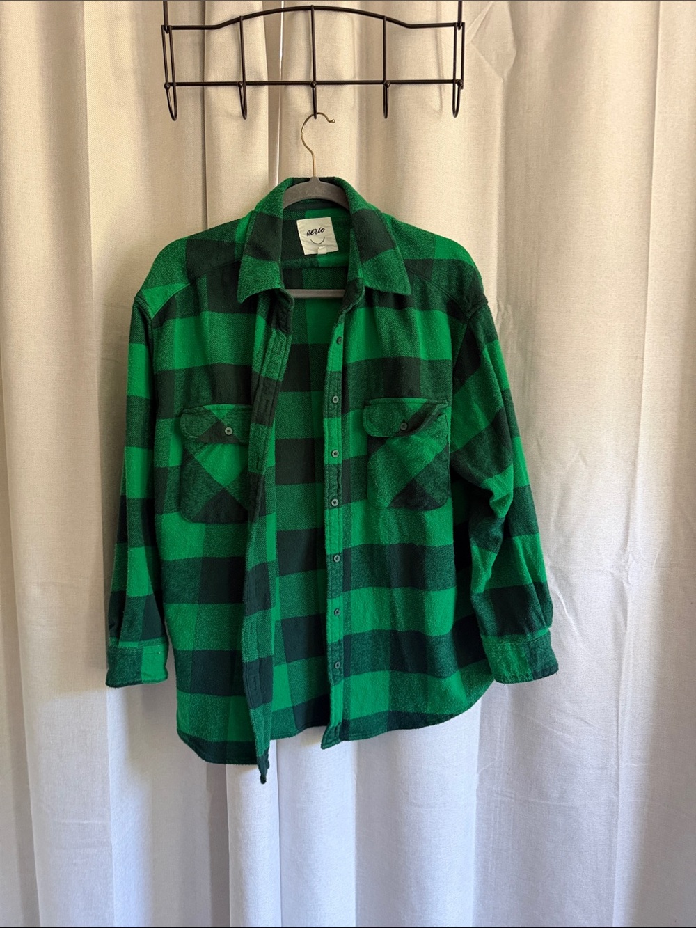 aerie Green and Black Plaid Button-Up Shirt